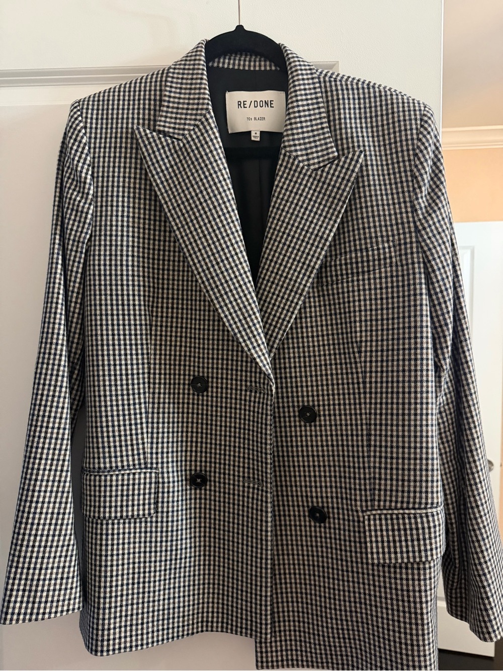 Re/Done Double-Breasted Houndstooth Blazer in Black & White